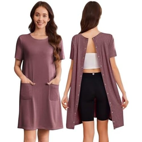 Deyeek Hospital Gowns for Women Open Back Tear Away Snap Nursing Dress Short Sleeve Soft Adaptive Clothing With Pockets