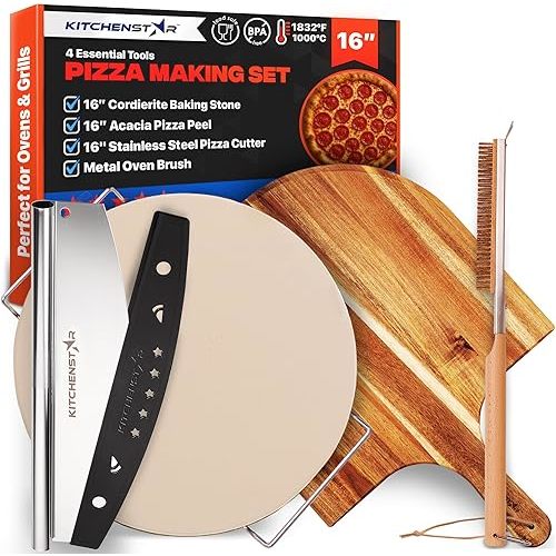 KitchenStar 16-inch Pizza Making Set, 6 PCS - Pizza Stone + Stainless Steel Rack, Acacia Wood Pizza Peel, Pizza Cutter Rocker + Protective Cover, Metal Brush - Oven & Grill Accessories Kit