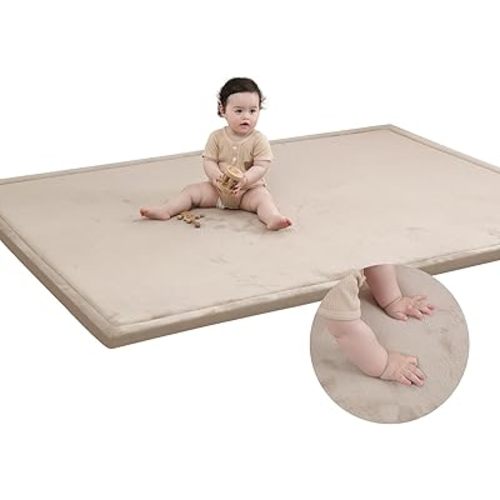 Baby Play Mat for Floor,1.2" Thick Memory Foam Tummy Time Mat,Soft Coral Velvet Nursery Rug,Extra Large Non Slip Crawling Mat for Toddlers,Infants,kids,Yoga Mat,Tatami Mat for Living Room(Beige)