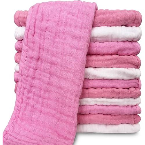 Muslin Burp Cloths for Baby 100% Cotton Burping Cloths for Unisex, Boy, Girl - Large 20'' by 10'' Newborn Essentials Ultra Soft Absorbent Milk Spit Up Rags - 12 Pack - White+Deep Sakura Series