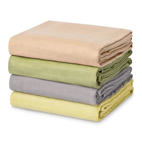 Momcozy Muslin Swaddle Blanket, 4-Pack Large 47 x 47 Inches Breathable Unisex Baby Blankets, Soft and Skin-Friendly Swaddling Receiving Blankets for Baby Boy & Girl, Light Yellow
