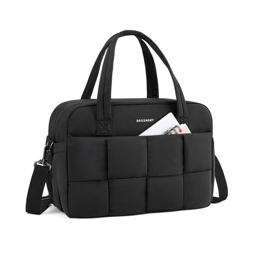 BAGSMART Gym Bag for Women, 29L Puffer Travel Duffle Bag for Travel with Laptop Compartment, Weekender Bags for Women, Carry On Duffel Bag Personal Item Bag, Black