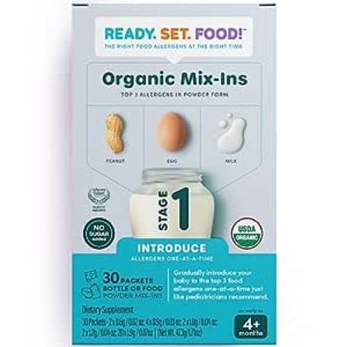Stage 1 Mix-ins – Safe & Easy Early Allergen Introduction for Babies 4+ Months, Mix with Breastmilk, Formula & Baby Food, With 3 Top Allergens: Organic Peanuts, Milk & Eggs By Ready Set Food!(30 Days)