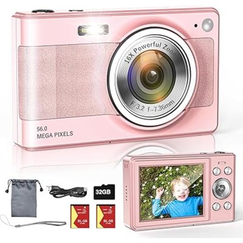 Upgrade Digital Camera, 56MP FHD 1080P Camera for Kids with 16x Zoom Anti Shake, Kid Camera with 32GB TF Card, Two Batteries, Lanyard, Compact Small Camera for Kids Boys Girls(Pink)