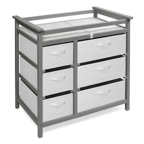 Badger Basket Modern Baby Changing Table - Diaper Station Organizer with 6 Storage Drawers, Reversible Baskets, Safety Rails - Baby Nursery Furniture with Changing Pad and Belt - Gray