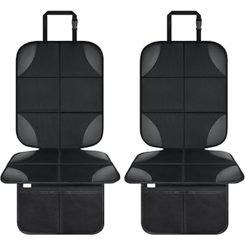 Car Seat Protector for Child Car Seat, Car Seat Cover with Leather and Thick Padding, Non-Slip Padded Backing with Mesh Pockets, 2 Pack 600D Fabric Waterproof Seat Protector Under Baby Car Seat
