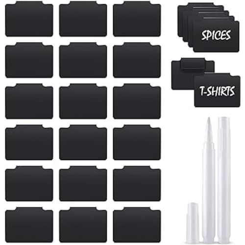 20 Pieces Basket Labels Clip On Set, Includes 18 Pieces Kitchen Bin Labels with 2 White Markers for Pantry Organization Box (Black Label Clips, White Marker)