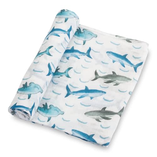 LollyBanks Baby Blanket for Boys, 100% Cotton Muslin Swaddle Blankets, 47 x 47 Inches Soft and Breathable Receiving Blankets, Cozy Newborn Swaddle, Baby Essentials, Registry (Shark Print)