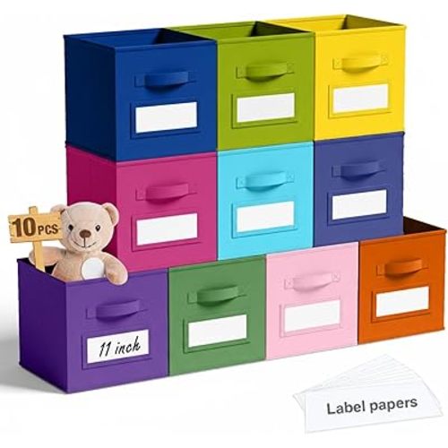 10 Pcs Fabric Storage Cubes 11 Inch Fabric Storage Bins with Labels Collapsible Cube Organizer Baskets with Window Cards for Shelves Nursery Bedroom Clothes Books Toys Organizer(Candy)