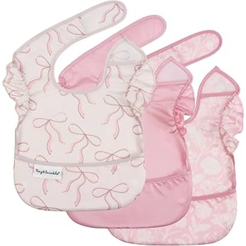 Tiny Twinkle Mess-Proof Baby Bibs for Eating | Waterproof, Wipeable Toddler Bibs with Catch-All Pocket | Feeding Bibs for Girls & Boys(3 Pack,Toile,Bows)
