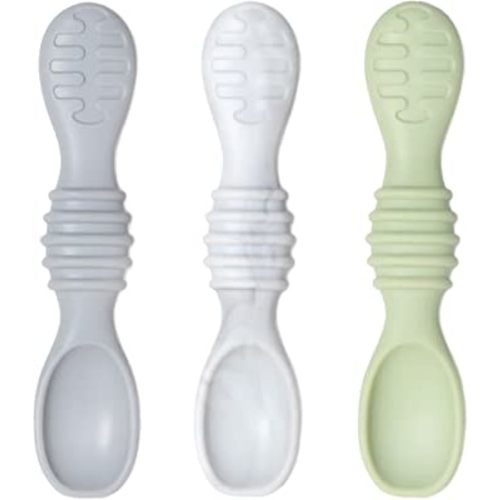 Bumkins Baby Utensil Set, Silicone Trainer Spoons for Dipping, Soft Tip, Self-Feeding, Chew, Baby Led Weaning, First Year Training Supplies, Essentials in Learning Eating, 4 Mos, 3-pk Gray and Green