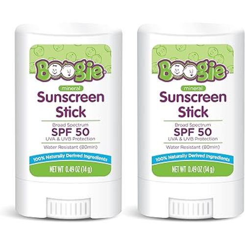Baby Sunscreen Stick by Boogie, Mineral Sunscreen SPF 50, Travel Size Sunblock for Kids, FSA/HSA Eligible, Zinc Oxide, Water Resistant, Vegan, Fragrance Free, Pack of 2
