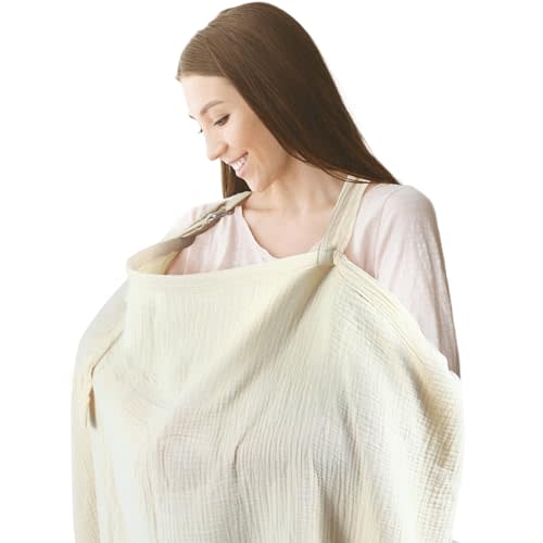 Muslin Breast Feeding Cover- Allows Hands-Free Baby Check, 100% Cotton, Featuring Windproof Straps, Includes A Small Potable Storage Pocket, Baby Breast Feeding Must Haves