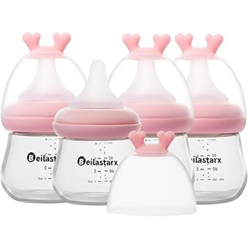 Glass Baby Bottles with Natural Response Nipple Size SS - Anti Colic Baby Bottles Wide Neck Slow Flow Baby Bottle (Red, 4oz (Pack of 4))