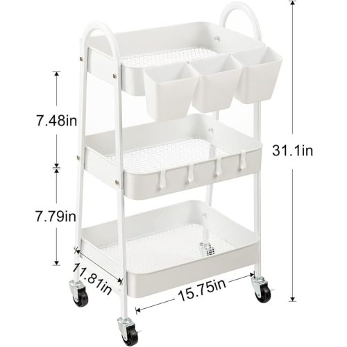 danpinera 3-Tier Rolling Cart, Metal Rolling Storage Cart with Lockable Wheels & Hanging Cups & Hooks, Mobile Trolley Cart for Kitchen, Bathroom, Office, Workshop, White