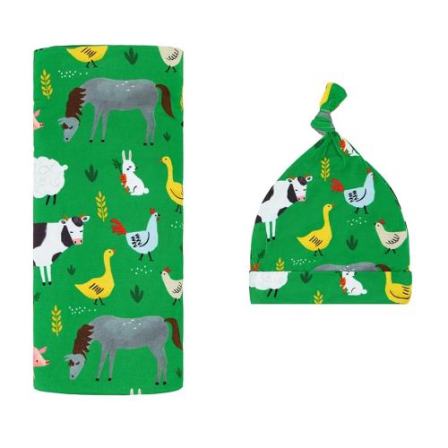 Little Sleepies Swaddle & Hat Set, Baby Swaddles Newborns, Soft Viscose from Bamboo Swaddle Blanket Wrap (Green Farm Animals)