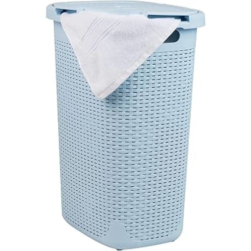 Mind Reader Slim Laundry Hamper with Lid, 60L Clothes Basket, Premium Wicker Design, Plastic, Baby Blue