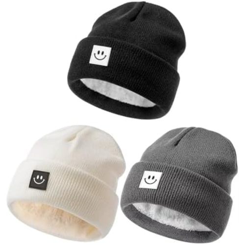 Hispeka Baby Beanie Hat 3 Packs with Cute Smiley Face, Toddler Girls Boys Baby Hats Winter, Kids Winter Hat Cold Weather