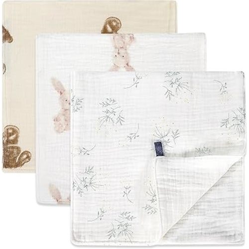Muslin Burp Cloths 3-Pack, Large 20" x 10", 100% Cotton, Ultra-Absorbent for Newborns, Cute Neutral Prints, Multi-Use as Wash Cloths, Face Cloths & Baby Bibs