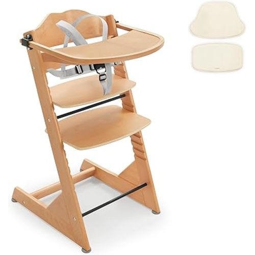 Convertible Wooden High Chair for Babies and Toddlers - Baby Feeding Chair& Toddler Dining Chair with Removable Tray, Cushion and Harness, Natural Color