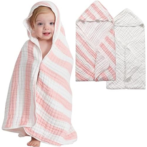Muslin Hooded Baby Towel, 9 Layers Natural Cotton Baby Bath Towels, 32 X 32 inches Soft Towel for Boys,Girls (Pink Striped and White)