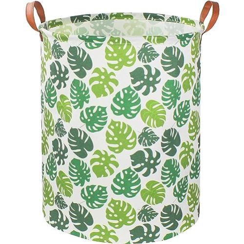 CLOCOR Green Laundry Basket,Canvas Jungle Theme Baby Nursery Hamper, Waterproof Tropical Kids Storage Basket with handles for Bedroom,Safari Monstera Room Decor(Green Leaf)