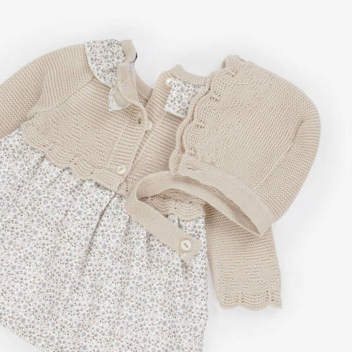 Babidu - Baby Girls Floral & Beige Knitted Dress Set | Childrensalon