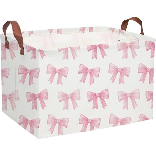 Sanjiaofeng Rectangular Kids Basket Pink Storage Bins,Girls Storage Baskets with Handles.Clothers,Toys,Books,Kid's Gifts Storage. (Pink Bowknot)