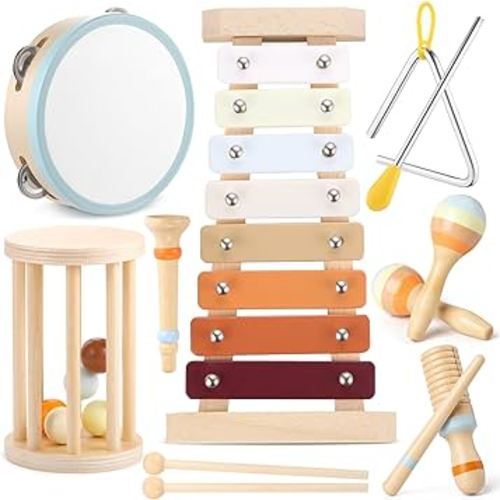 GAGAKU Musical Instruments for Toddlers 1-3 Montessori Natural Wooden Percussion Instruments Toy for Toddler Preschool Educational Wooden Toys for Kids Xylophone Music Toys,Baby Drum Set