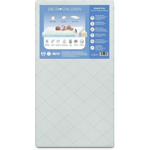 Delta Children Starlit Sky 2-Stage Crib and Toddler Mattress for Infants & Toddlers - Removable Machine Washable Mattress Cover - Waterproof - GREENGUARD Gold - Made in USA, Blue