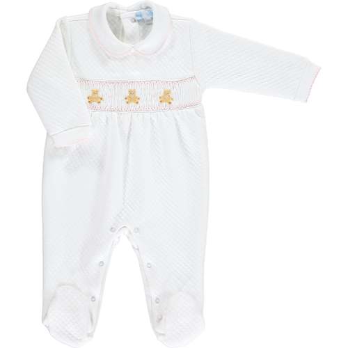 White & Pink Nursery Bear Quilted Smocked Footsie