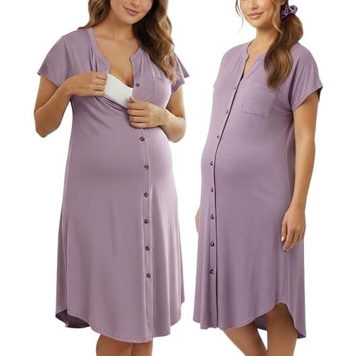 PATPAT Maternity Midi Dress, Button-Down Nursing Dress with Pockets for Baby Shower, Pregnancy & Postpartum