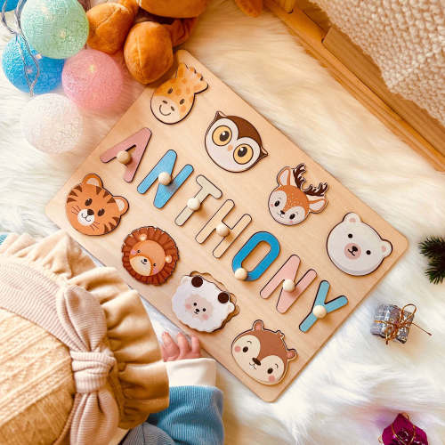 Gianni- Pastel Blue 8 Animal Personalized Wooden Baby Name Puzzle