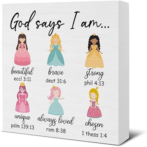 God Says I Am Princess Sign Positive Affirmation Wooden Sign Christian Inspirational Gifts for Kids Teen Girl Room Bedroom Dorm Home Shelf Bible Verse Decor 5 X 5 Inches