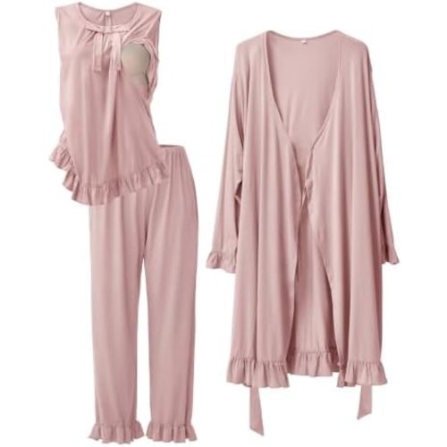 SUNNYBUY 3 PCS Ruffle Maternity Nursing Pajamas Set & Robe for Postpartum