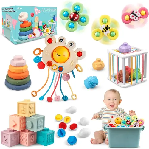 6 in 1 Baby Toys 6 to 12 Months, Montessori Toy for Toddlers 1-3, Infant Teething Babies Toy Stacking Blocks Rings Pull String Toy Suction Cup Spinner Toy Matching Eggs Shape Sorter Sensory Bin