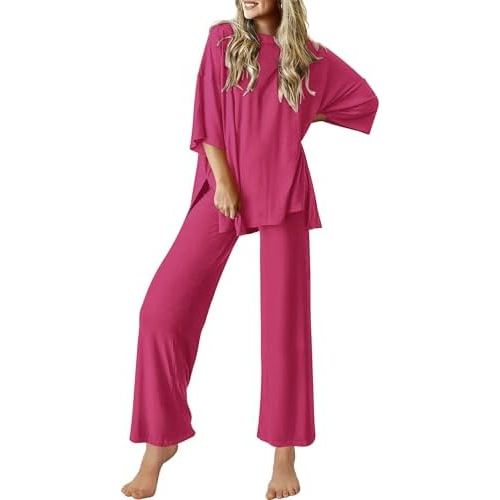 Ekouaer Lounge Sets for Women Short Sleeve Tops and Long Pants Soft Comfy Pajamas Set 2 Piece Outfits