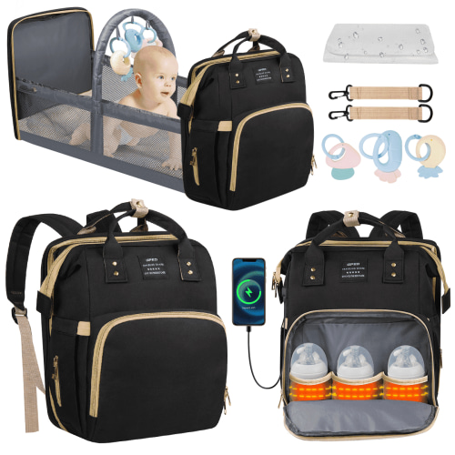 Diaper Bag Backpack, Multifunctional Baby Changing Bag with Foldable Crib &Insulated Milk Bottle Pockets, Large Capacity Portable Travel Backpack with USB Charging Port, Nappy Bag for Moms Dads