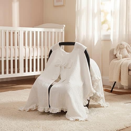 Tegeme 100% Cotton Baby Carseat Canopy Cover with Bow Car Seat Cover 32 x 44 Inches Soft Breathable Canopy for Girls Boys Stroller and Cart Carseat Nursing Covers for Newborn(Cream White)