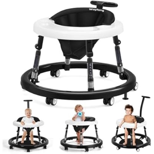 Baby Walker, Foldable Baby Walker with Wheels, 9 Adjustable Heights Walker for Baby, Infant Toddler Walker with Foot Pads, Baby Walkers and Activity Center for Boys Girls 7-18 Months