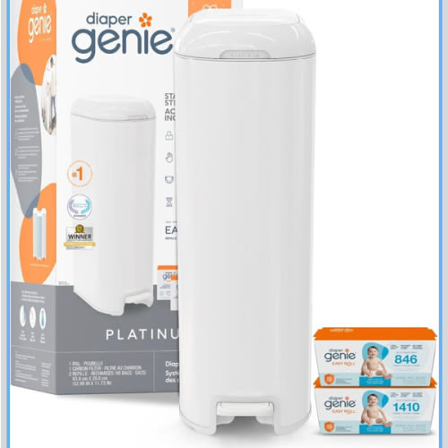 Diaper Genie Platinum Diaper Pail Gift Set | Hands-Free Odor Control with Foot Pedal | Stainless Steel Baby Diaper Pail | Includes 2 Easy Roll Refills 48 Bags Total | Baby Registry Must-Have