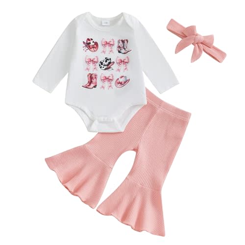 SAYOO Baby Girls Western Outfits Let's Go Girls Letter Print Retro Romper Ribbed Flared Pants Cowgirls Country Fall Clothes
