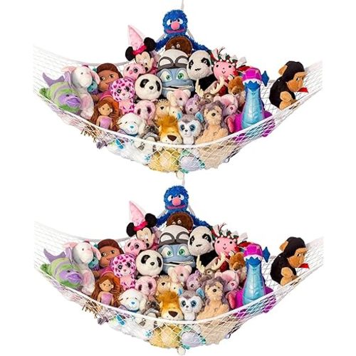 Lilly's Love Large Stuffed Animal Hammock | Corner Hanging Organizer, Stuffed Animal Storage | Easy to Hang Plushie Net w/Included Anchors & Hooks | Cute Room & Bedroom Decor (White, 2 Pack)