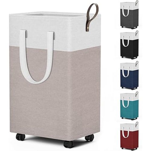 HomeHacks 75L Rolling Laundry Basket with Wheels, Collapsible & Waterproof Laundry Hamper, Mobile Clothes Hamper, Storage Laundry Bins with Handles for Laundry Room, Bedroom, Bathroom & Dor, Khaki