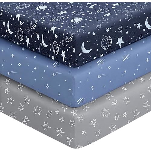 Baby Crib Sheets for Boys Girls, 28x52x8in Fitted Crib Sheet Neutral 3 Pack for Standard Crib and Toddler Mattress, Breathable Soft Microfiber Baby Sheet Blue Gray Planet