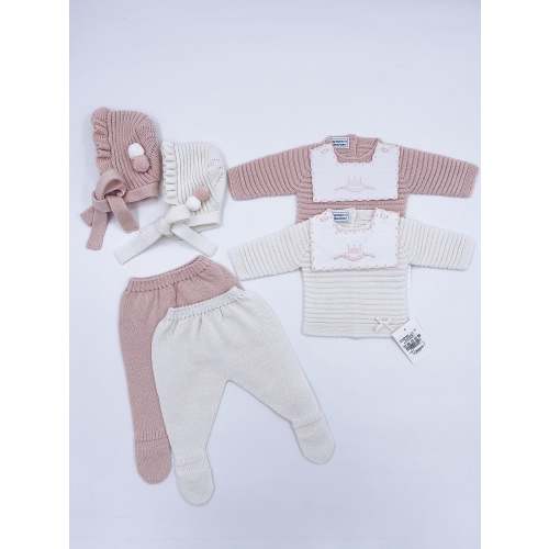 Beautiful Knitted 3 piece set with bow and pom-pom details
