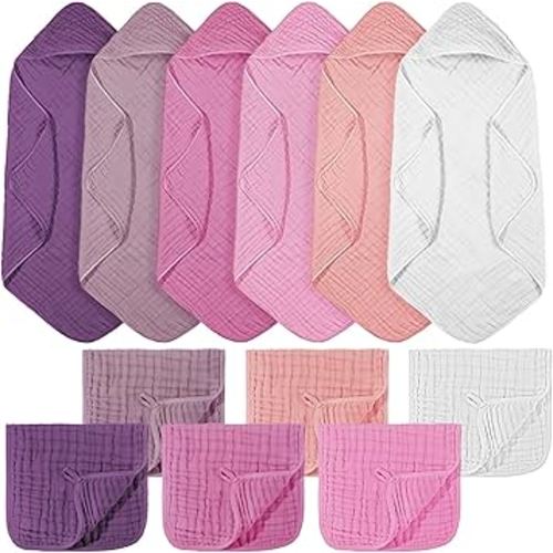 12 Pcs Baby Muslin Hooded Bath Towels and Washcloths, 32 x 32 Inch Muslin Cotton Hooded Baby Towels Absorbent Hooded Blankets for Gift Newborn Infant Shower (Pink Purple Series)