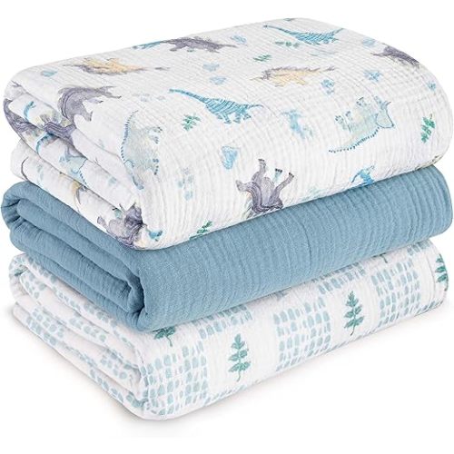 Muslin Swaddle Blankets for Newborn, 3 Pack Breathable Soft Receiving Blanket, Large 38 x 40 inches Swaddle Wrap Burping Clothes Diapers, Essentials Infant Shower Items, Toddler Gift (Blue Dinosaur)