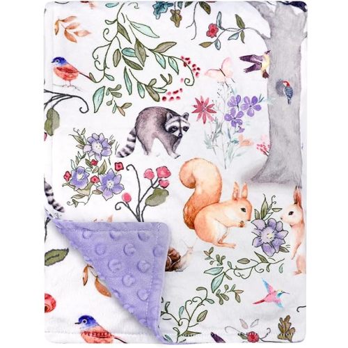 Baby Blanket, Purple Fleece Baby Blankets for Boys Girls, Warm Soft Portable Toddler Minky Blanket with Woodland Animal Print, for Newborn Crib, Stroller, 40 x 30 Inch