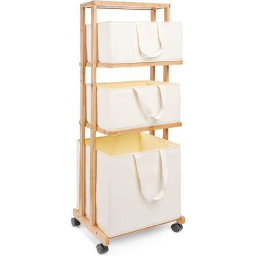 Homde Laundry Basket 3 Tier Bamboo Storage Shelf with Wheels Removable Container with Handle Freestanding Clothes Hamper Organizer for Bathroom Living Room Bedroom (Natural)